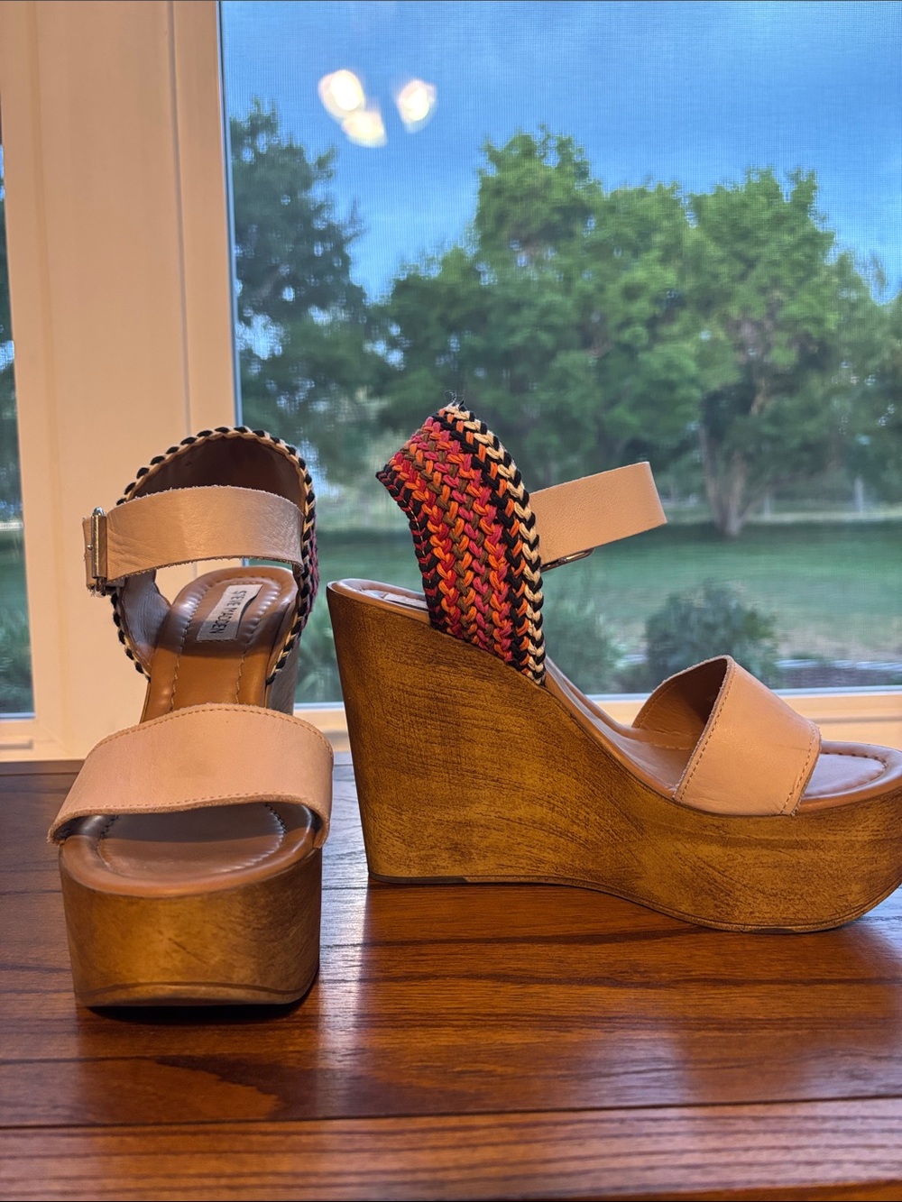 Steve Madden Neutral Platform Wedge Sandals with Pink Braided Heel Made in Italy